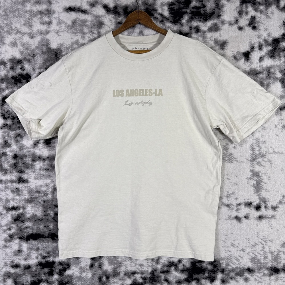 Public Supply NYC Shirt Mens Size Medium Sand Beige Graphic Logo Embroidered